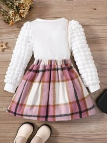 女小童格紋優雅復古學院風圓形領口公主袖2入組/套適合夏天