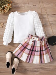 女小童格紋優雅復古學院風圓形領口公主袖2入組/套適合夏天