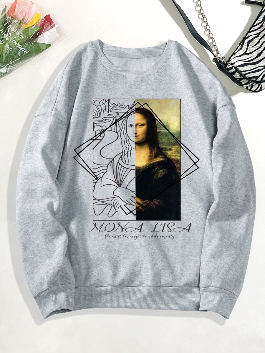 SHEIN EZwear Letter & Figure Graphic Thermal Pullover - Grey - View 1