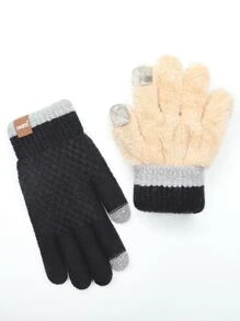 iwarm Letter Patch Decor Plush Lined Gloves - Black - View 1