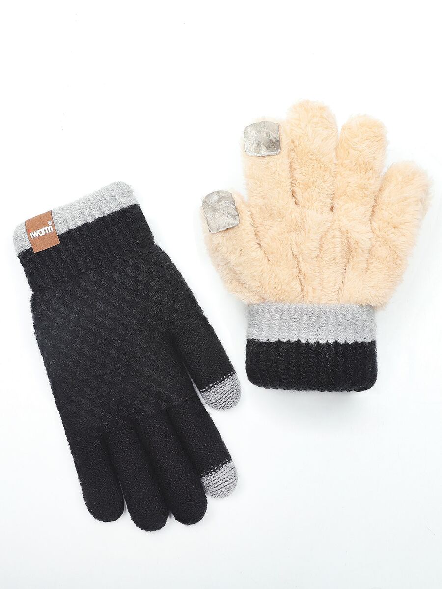 iwarm Letter Patch Decor Plush Lined Gloves - Black - View 1