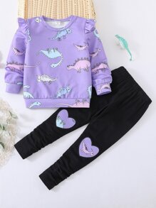SHEIN Suéter Com Babados E Estampa De Dinossauro E Legging Com Estampa De Coração Para Meninas Jovens