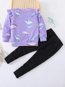 SHEIN Suéter Com Babados E Estampa De Dinossauro E Legging Com Estampa De Coração Para Meninas Jovens