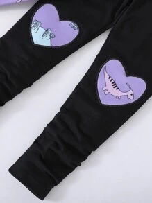 SHEIN Suéter Com Babados E Estampa De Dinossauro E Legging Com Estampa De Coração Para Meninas Jovens