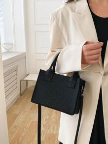 Mini Snakeskin Embossed Square Bag - Black - View 2