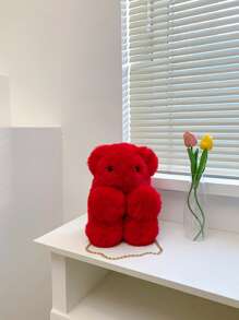 Mini Bear Design Fluffy Novelty Bag - Red - View 1