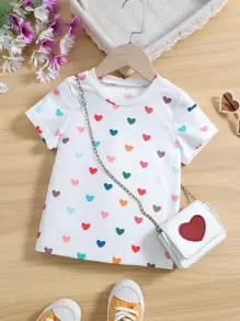 Young Girl Heart Print Tee Without Bag - White - View 1