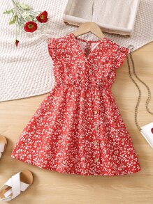 Toddler Girls Ditsy Floral Print Ruffle Trim Dress - Red - View 1