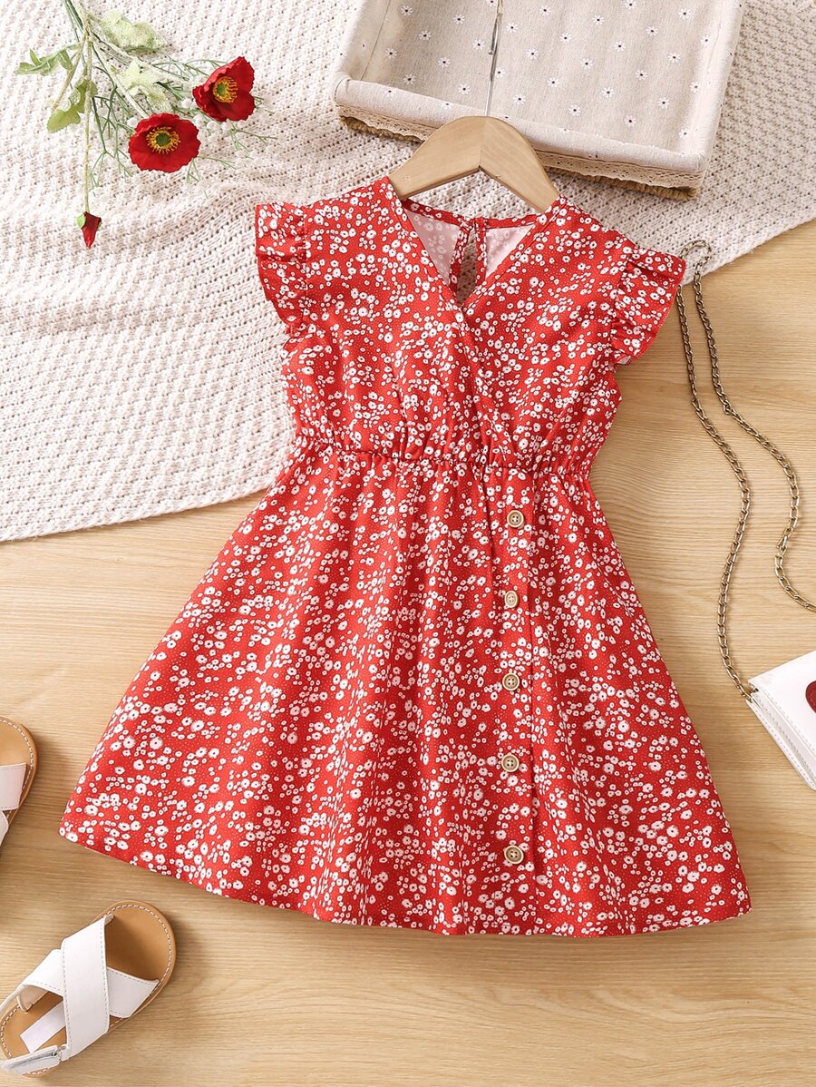 Toddler Girls Ditsy Floral Print Ruffle Trim Dress - Red - View 1