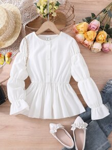 Girls Flounce Sleeve Peplum Blouse - White - View 1