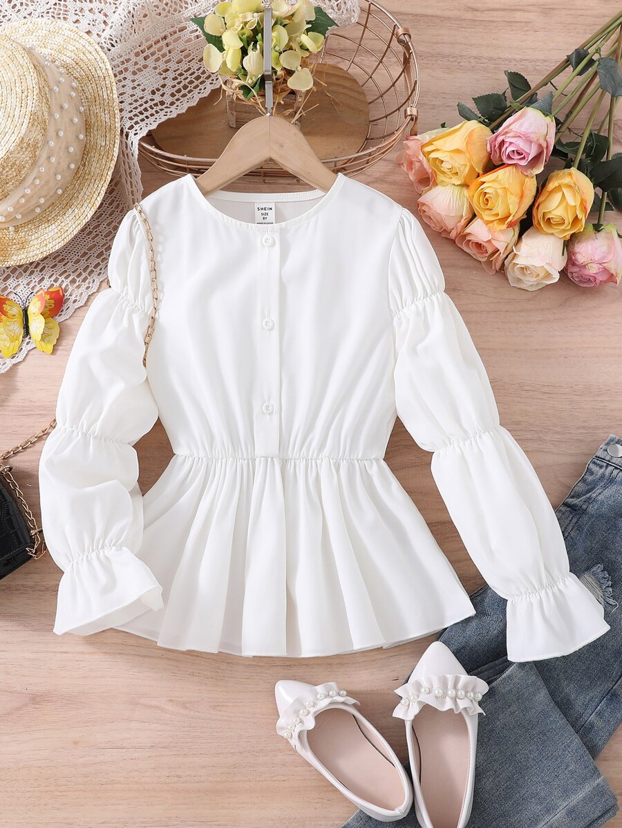 Girls Flounce Sleeve Peplum Blouse - White - View 1