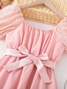 Girls contrast Lace Puff Sleeve Square Neck Dress - Pink - View 6