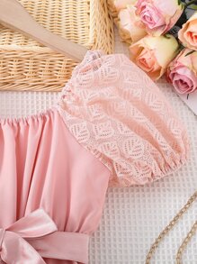 Girls contrast Lace Puff Sleeve Square Neck Dress - Pink - View 7