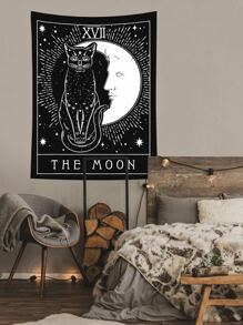 1pc Tapestry,Wall Hanging,Bedroom Wall Decoration, Moon Cat Polyester Wall Carpet, Home Decor, Room Decor, Flags For Room, Tapestries, Wall Tapestry - Black and White - View 1