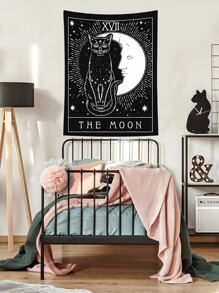 1pc Tapestry,Wall Hanging,Bedroom Wall Decoration, Moon Cat Polyester Wall Carpet, Home Decor, Room Decor, Flags For Room, Tapestries, Wall Tapestry - Black and White - View 3
