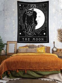 1pc Tapestry,Wall Hanging,Bedroom Wall Decoration, Moon Cat Polyester Wall Carpet, Home Decor, Room Decor, Flags For Room, Tapestries, Wall Tapestry - Black and White - View 5