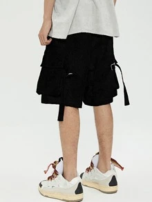 SHEIN Men Flap Pocket Drawstring Waist Cargo Shorts - Black - View 2