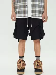 SHEIN Men Flap Pocket Drawstring Waist Cargo Shorts - Black - View 3