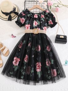 SHEIN 女孩印花荷葉邊網紗拼接下擺繫腰帶連衣裙