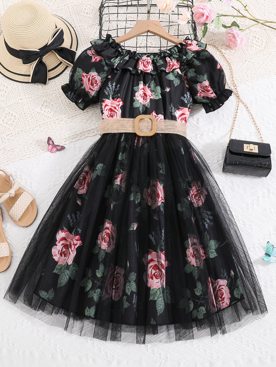 SHEIN 女孩印花荷葉邊網紗拼接下擺繫腰帶連衣裙