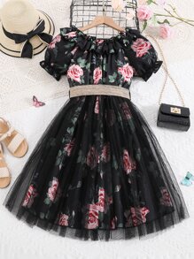 SHEIN 女孩印花荷葉邊網紗拼接下擺繫腰帶連衣裙