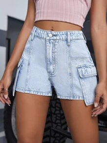 Flap Pocket Side Denim Shorts - Light Wash - View 6
