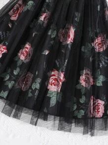 SHEIN 女孩印花荷葉邊網紗拼接下擺繫腰帶連衣裙