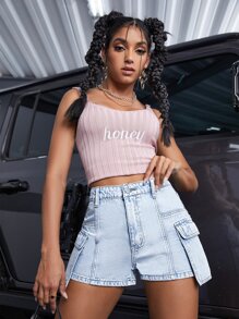 Flap Pocket Side Denim Shorts - Light Wash - View 3