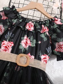 SHEIN 女孩印花荷葉邊網紗拼接下擺繫腰帶連衣裙