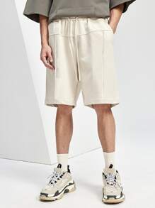 Manfinity Hypemode Hombres Shorts con bolsillo oblicuo de cintura con cordón - Beis - Ver 3