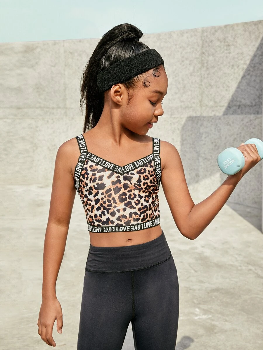 SHEIN Girls Leopard Print Letter Tape Panel Cami Top - Multicolor - View 1