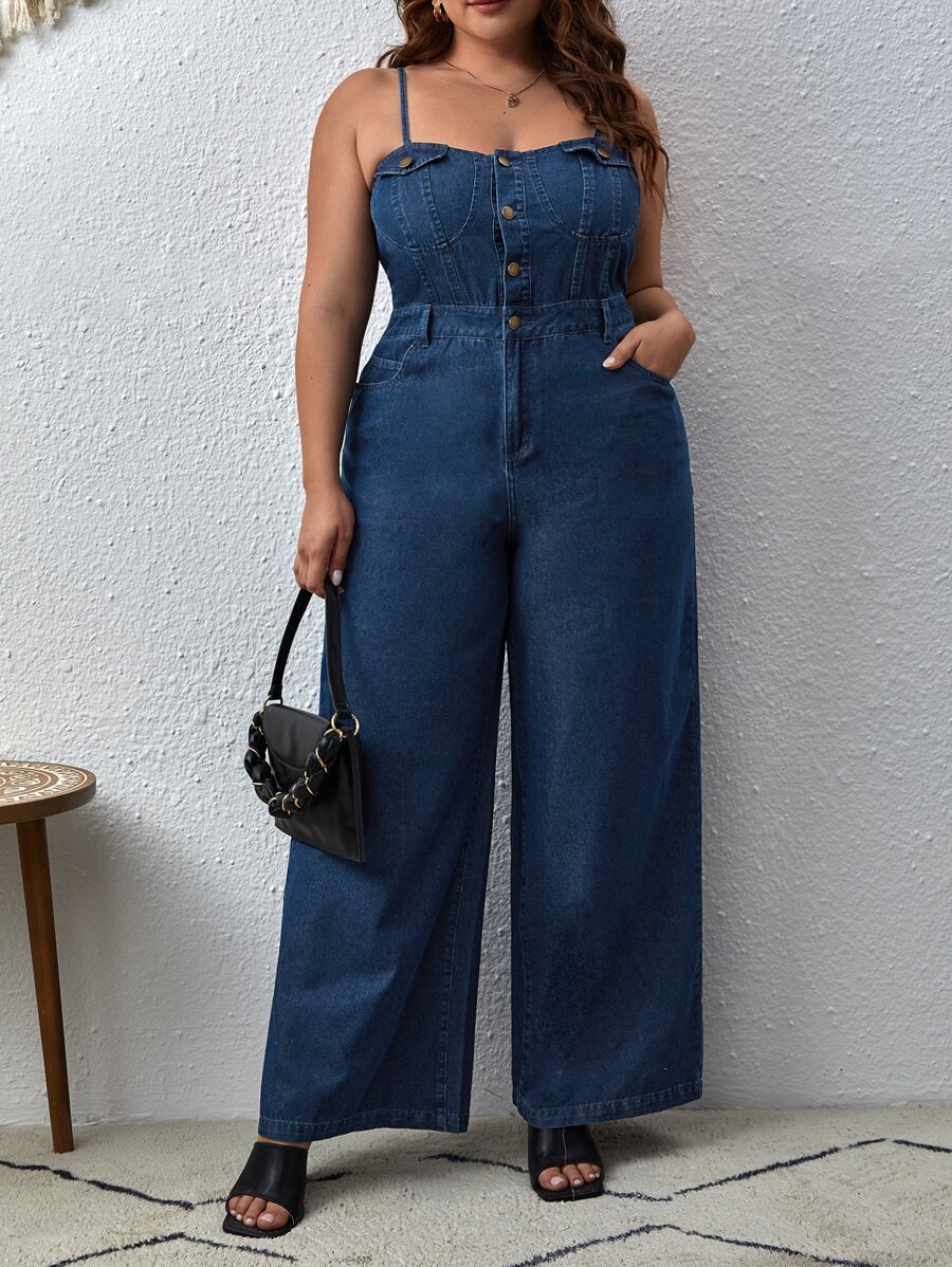 SHEIN Essnce 大碼前紐扣闊腿牛仔吊帶連體褲 - 深色水洗藍 - 查看 1