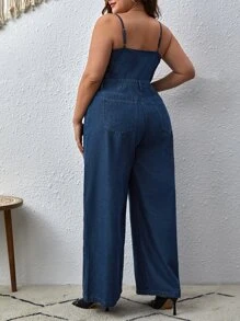 SHEIN Essnce 大碼前紐扣闊腿牛仔吊帶連體褲 - 深色水洗藍 - 查看 2