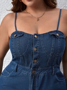 SHEIN Essnce 大碼前紐扣闊腿牛仔吊帶連體褲 - 深色水洗藍 - 查看 4