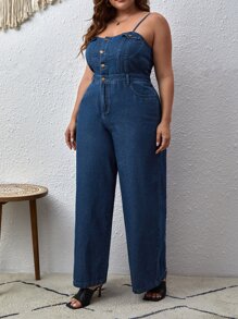 SHEIN Essnce 大碼前紐扣闊腿牛仔吊帶連體褲 - 深色水洗藍 - 查看 5