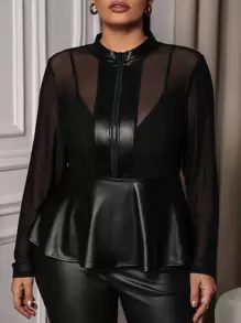 SHEIN SXY Áo Peplum da PU có khóa kéo không có áo ngực, dành cho mùa đông - màu đen - Xem 1