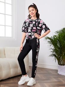 SHEIN Leap Crew 青少年女孩卡通圖案落肩T恤和緊身打底褲 - 彩色 - 查看 2