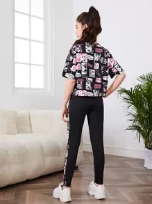 SHEIN Leap Crew 青少年女孩卡通圖案落肩T恤和緊身打底褲 - 彩色 - 查看 3