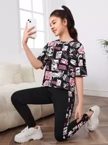 SHEIN Leap Crew 青少年女孩卡通圖案落肩T恤和緊身打底褲 - 彩色 - 查看 1