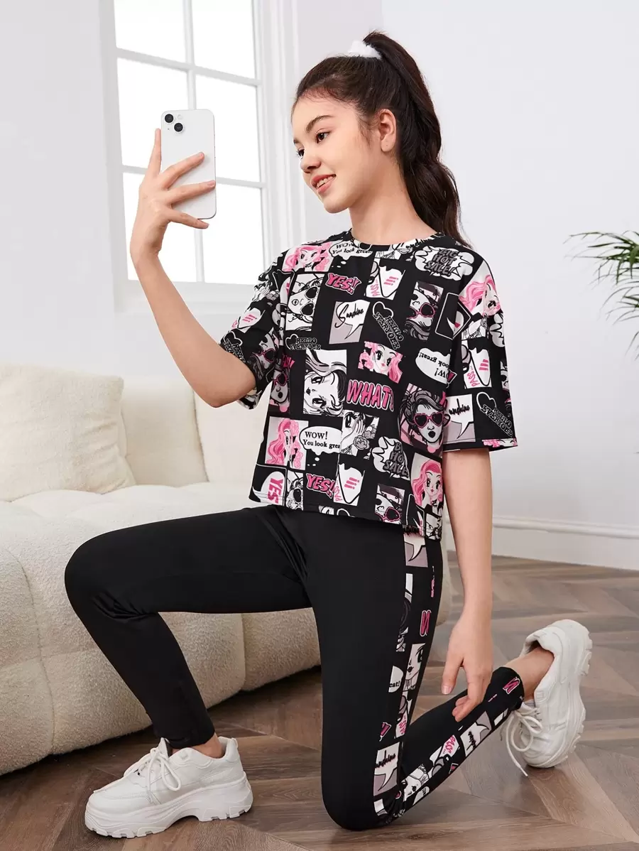 SHEIN Leap Crew 青少年女孩卡通圖案落肩T恤和緊身打底褲 - 彩色 - 查看 1