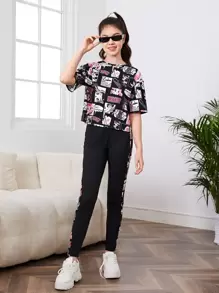SHEIN Leap Crew 青少年女孩卡通圖案落肩T恤和緊身打底褲 - 彩色 - 查看 4