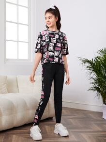 SHEIN Leap Crew 青少年女孩卡通圖案落肩T恤和緊身打底褲 - 彩色 - 查看 5