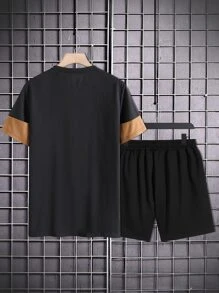 Manfinity Homme Hombres con estampado de letra de dos tonos Camiseta & de cintura con cordón Shorts - Multicolor - Ver 2