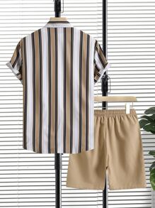 Manfinity RSRT Men Striped Shirt & Drawstring Waist Shorts Without Tee , Color Block , Going Out , Husband , Casual , Holographic - Multicolor - View 2