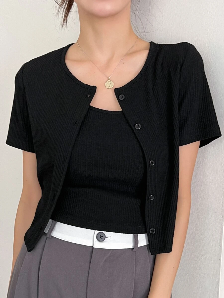 DAZY 肋編針織鈕扣前t恤及吊帶上衣 - 黑色 - 查看 1