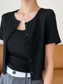 DAZY 肋編針織鈕扣前t恤及吊帶上衣 - 黑色 - 查看 2