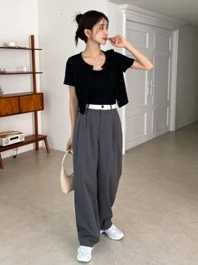 DAZY 肋編針織鈕扣前t恤及吊帶上衣 - 黑色 - 查看 3