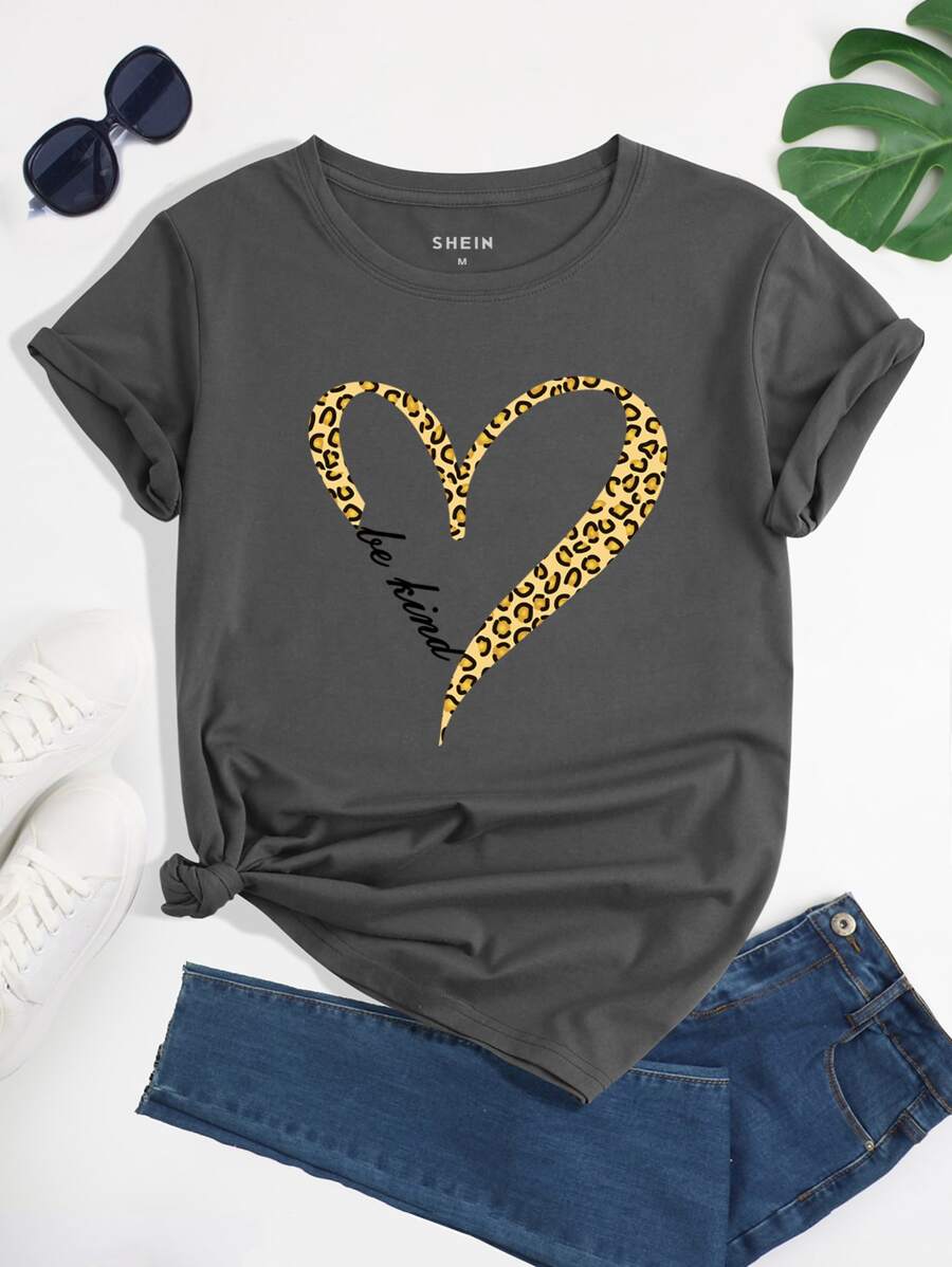 INAWLY Heart And Slogan Graphic Tee - Dark Grey - View 1