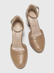 Stitch Detail Chunky Heeled Ankle Strap Pumps, Khaki Elegant Monochrome Ankle Strap Women's High Heels