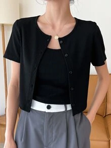 DAZY 肋編針織鈕扣前t恤及吊帶上衣 - 黑色 - 查看 4